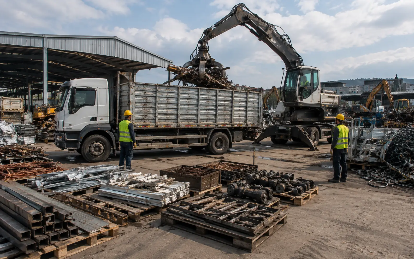 Fabrika sahasında vinçle kamyona toplu metal hurda yükleme
