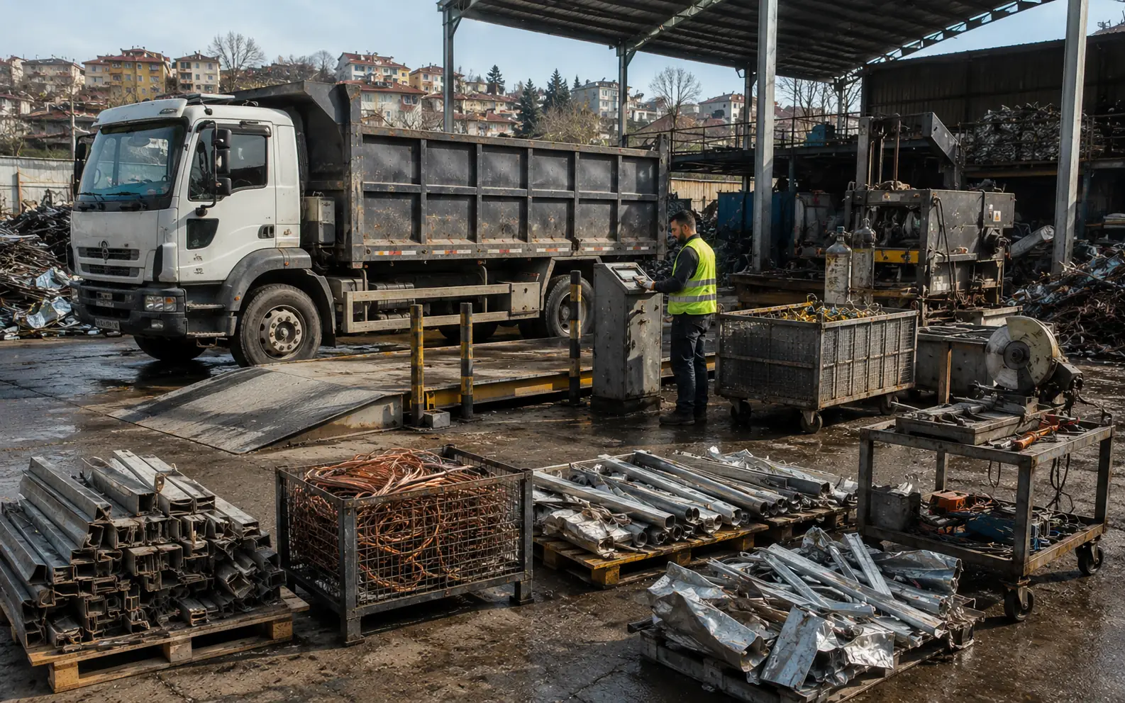 Hurda sahasında kamyon, kantar, ekipman ve ayrılmış metal malzemeler